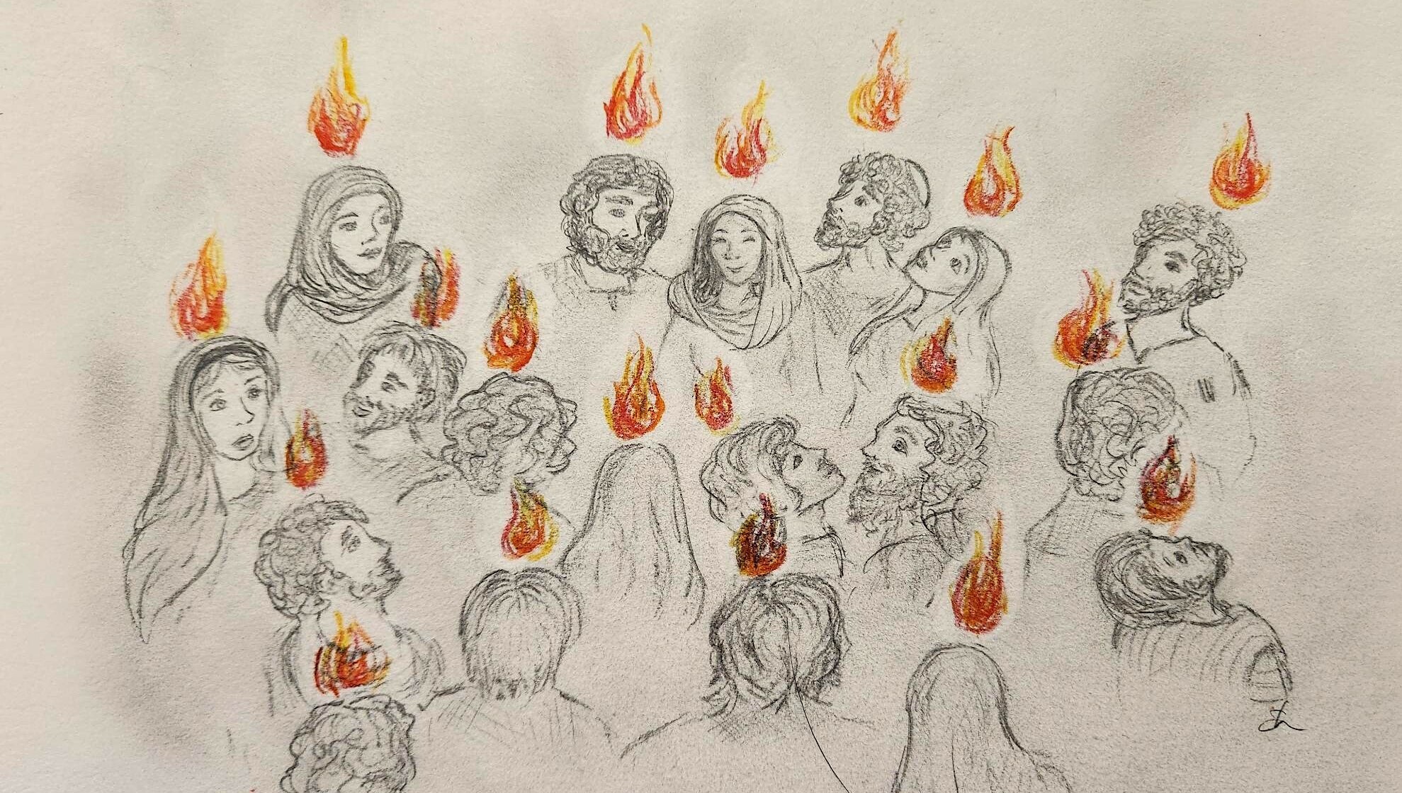 drawing of a large group of men and women with flames over their heads